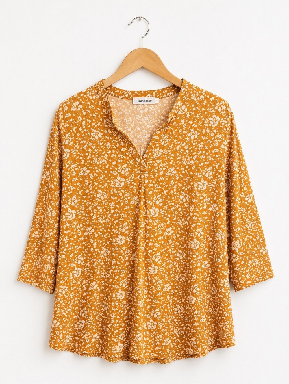 Mustard Floral Tunic Top | Women's Boho Split Neck 3/4 Sleeve Blouse